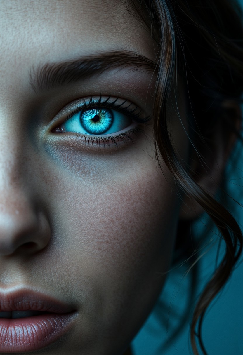 professional portrait Photo of a female super Model, close up of the face, super detailed, glowing ice blue eyes, the image has a magic touch with a mystic layer over the hole image, high resolution. Stunning detailed background
, aidmarealisticskin,  aidmamj6.1