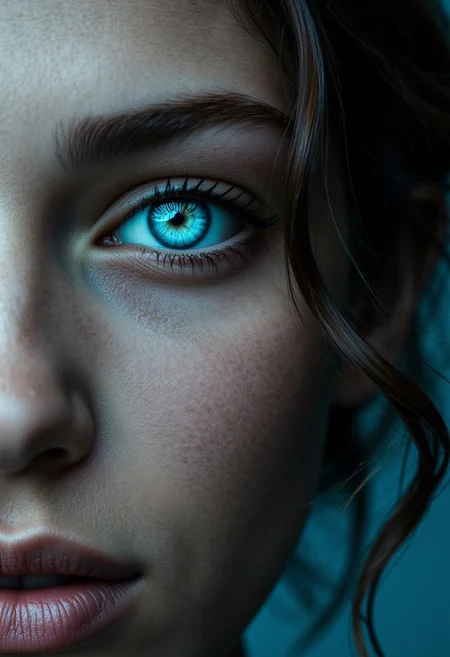 professional portrait Photo of a female super Model, close up of the face, super detailed, glowing ice blue eyes, the image has a magic touch with a mystic layer over the hole image, high resolution. Stunning detailed background
, aidmarealisticskin, aidmamj6.1