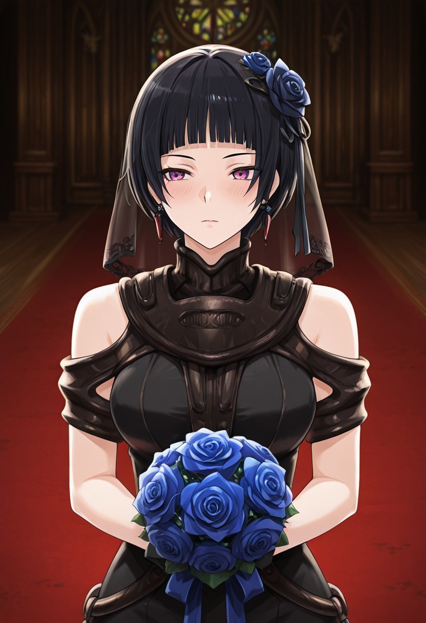 score_9,score_8_up,score_7_up,source_anime,5_figner,2d_animation,game cg,BREAK,1girl,solo,
Millennia,short hair,bob cut,black hair,lunt bangs, 
hair ornament,(wedding dress:1.4), ribbon, bare shoulders,
 jewelry, hair ribbon, flower, hair flower, 
blackdress,rose, veil,blue flower, black footwear
bouquet, bridal veil, blue rose, holding bouquet,bride,
front view,expressionless,blush,
church,wedding,rice shower,red carpet,upper body,dark,
masterpiece,best qualit,ultra-detailed,illustration,an extremely delicate and beautiful,beautiful detailed eyes,unity 8k wallpaper,high resolution,anime CG,official_art,Erotic_style,  anime_coloring, anime_screencap,