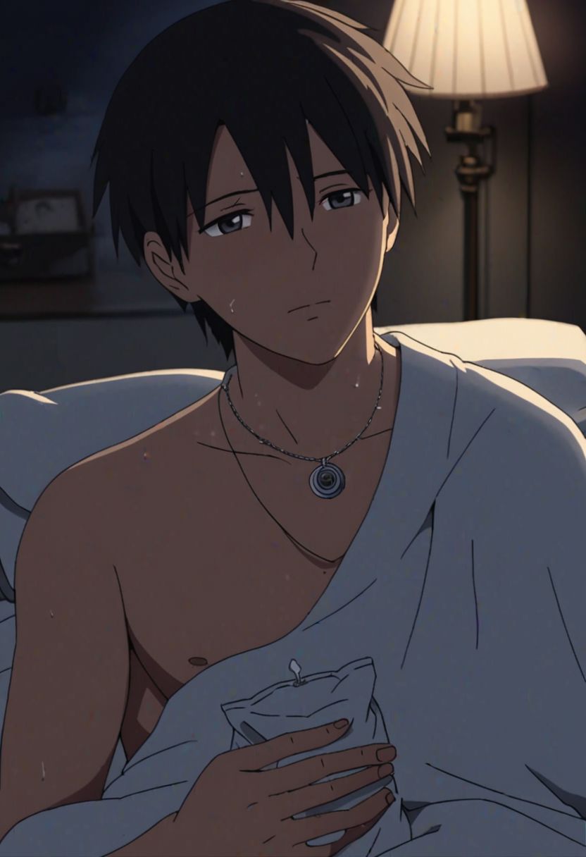 Highres, Masterpiece, High Quality, 4K, 8K, solo, 1Boy, Takaki Toono, adult, black hair, short hair, bedroom, dimly lit, pillow, blanket, necklace, upper body quarter, sexual stimulation, tissue, lotion, sex toys, climax, masturbation, easynegative, detailed_eye_model