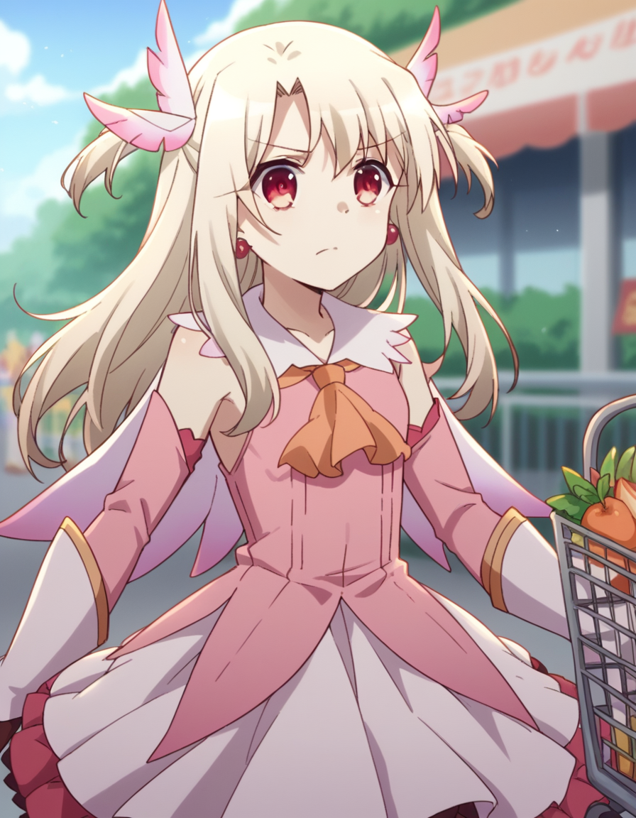 score_9, score_8_up, score_7_up, source_anime, <lora:illyasviel-von-einzbern-prisma-s2s3-ponyxl-lora-nochekaiser:1>,, illyasviel von einzbern, long hair, blonde hair, red eyes, parted bangs,, hair ornament, gloves, dress, jewelry, earrings, detached sleeves, ascot, magical girl, feathers, pink dress, feather hair ornament, prisma illya,, grocery store, shopping cart, picking fruits, everyday life, , , , hand showing a thumbs up, solo,, cowboy shot, dutch angle