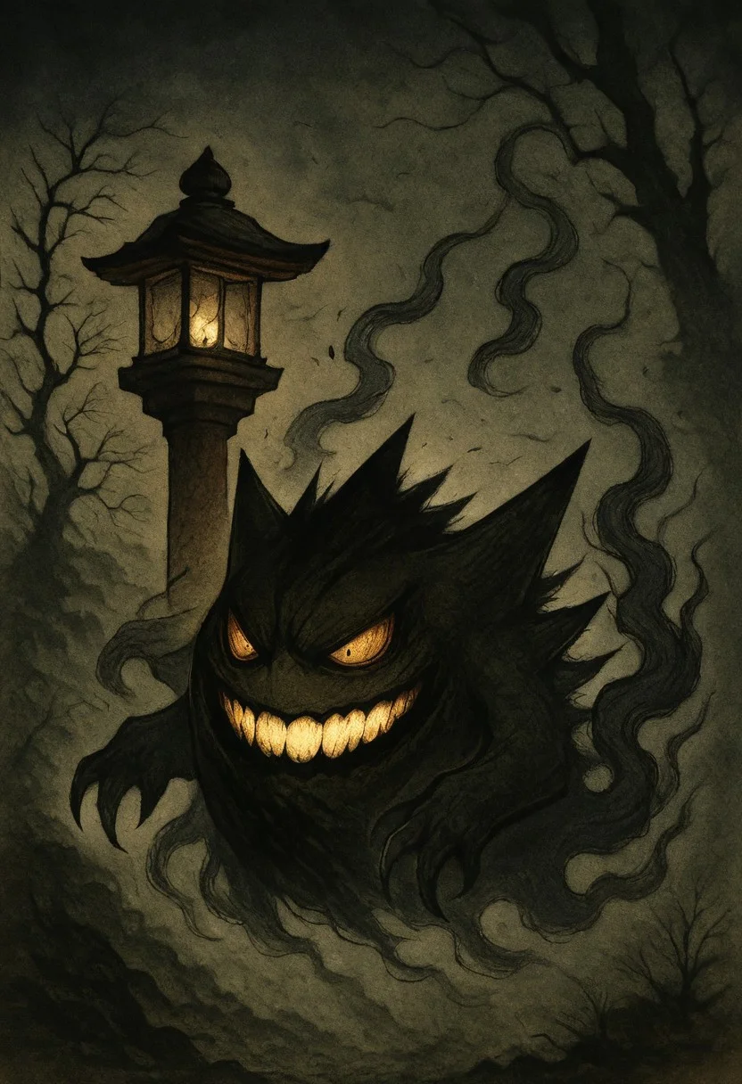 masterpiece, best quality, y0k4i, gengar, tree, bare tree, lantern, glowing, night, <lora:YokaiPokedex_IXL:1.0>,
