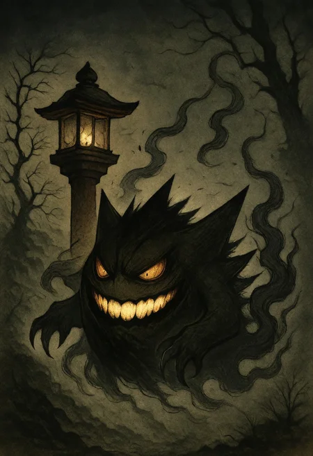 masterpiece, best quality,     y0k4i, gengar, tree, bare tree, lantern, glowing, night,  <lora:YokaiPokedex_IXL:1.0>,