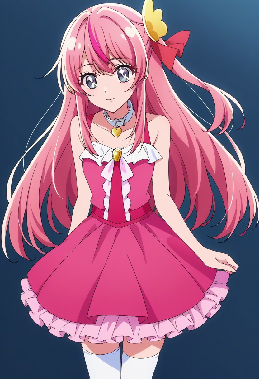 score_9, score_8, score_7, source_anime, 1girl, solo, pretty cure, ruby hoshino, long hair, bangs, pink hair, grey eyes, sidelocks, symbol-shaped pupils, multicolored hair, two-tone hair, hair ornament, hair ribbon, skirt, thighhighs, white thighhighs, zettai ryouiki, dress, pink dress, sleeveless, pink skirt, frilled skirt, bare shoulders, collar, white collar,