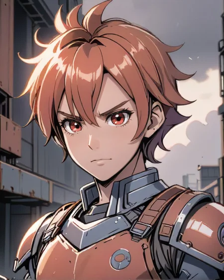 anime style, Timeless 1boy, man, natural colored eyes, Shaggy layered hairstyle, dynamic pose, determined expression, <lora:EnvyCharacterPortraitHelperXL01:0.8>, BREAK (style-rustmagic:1.0) portrait, solo, from front, front view, half shot, looking up, detailed background, detailed face, (<lora:DonMASKTexXL:0.4>, DonMASKTexXL theme:1.1), rust-champion, rusty armor, (rusty:1.05), red rust, weathered, grungy, worn-out, soot, made of rust, left to rust, stoic expression, dynamic pose, abandoned factory in background, low light, shadows, dark clouds, cinematic atmosphere,
