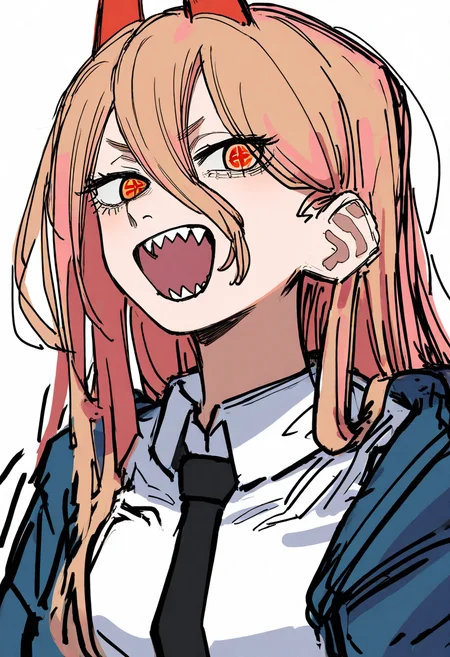 best quality, amazing quality, very aesthetic, absurdres, sketch,
BREAK
1girl, power \(chainsaw man\), pink hair, blonde hair, red horns, red eyes, cross-shaped pupils, long hair, sharp teeth, hair between eyes, symbol-shaped pupils,
collared shirt, black necktie, long sleeves,
looking at viewer, white shirt, open mouth,
simple background, white background, smile, upper body, <lora:DoodleNoob_byKonanV2:1>