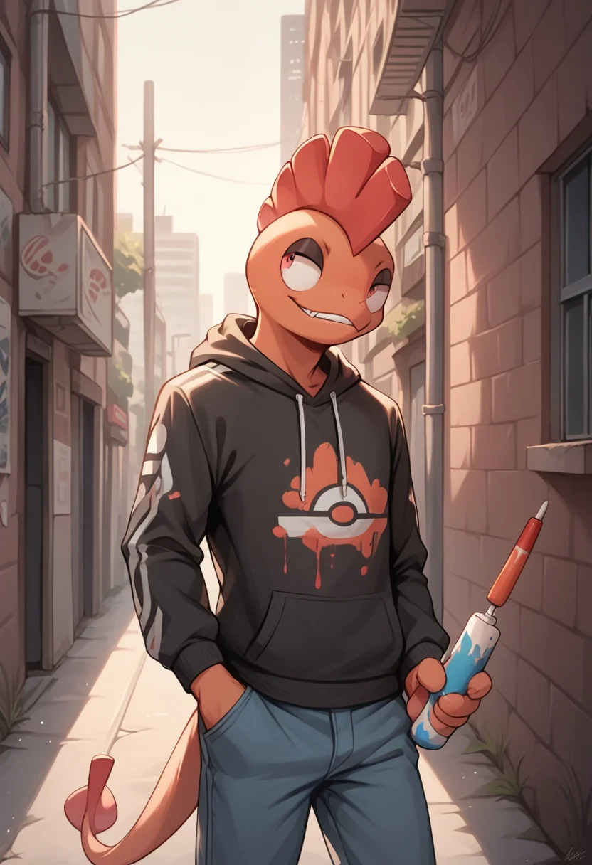 porn, BREAK, <lora:Scrafty:1> pokemon(creature), anthro scrafty , male, yellow, hoodie, ((holding paint spray)), painting a graffiti at the wall, alley, zPDXLrl, <lora:Pony_QualityV4.0:1.12>, zPDXL2, zPDXLxxx