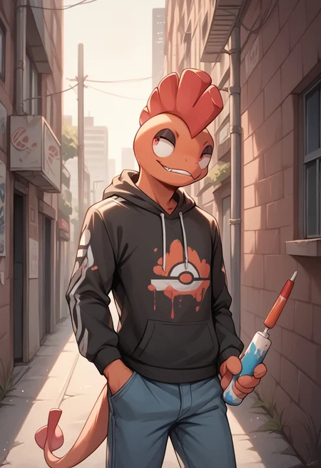porn, BREAK, <lora:Scrafty:1> pokemon(creature), anthro scrafty , male, yellow, hoodie, ((holding paint spray)), painting a graffiti at the wall, alley, zPDXLrl, <lora:Pony_QualityV4.0:1.12>, zPDXL2, zPDXLxxx
