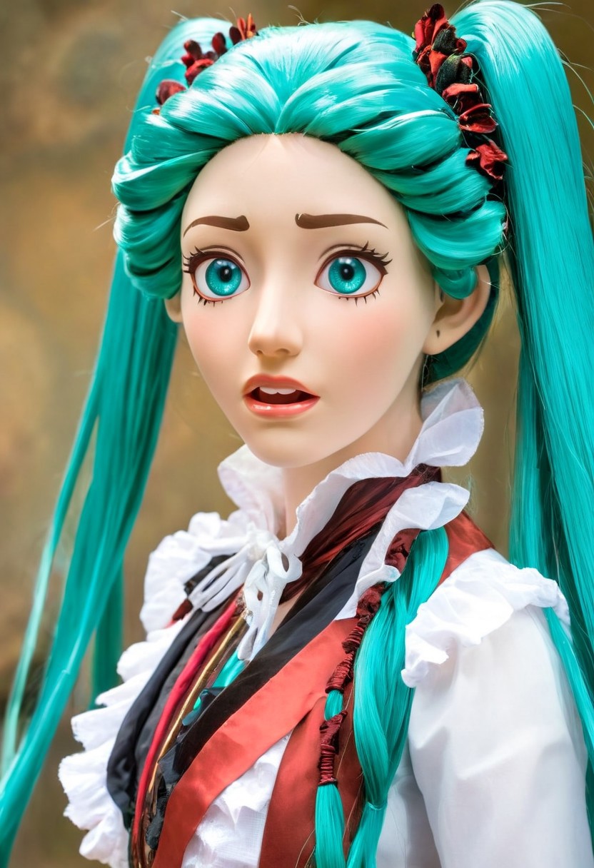 opera diva Hatsune Miku with long floating twintails singing high note, (portrait, close up:1.4), <lora:The Phantom of the Opera style:1.5> The Phantom of the Opera style,