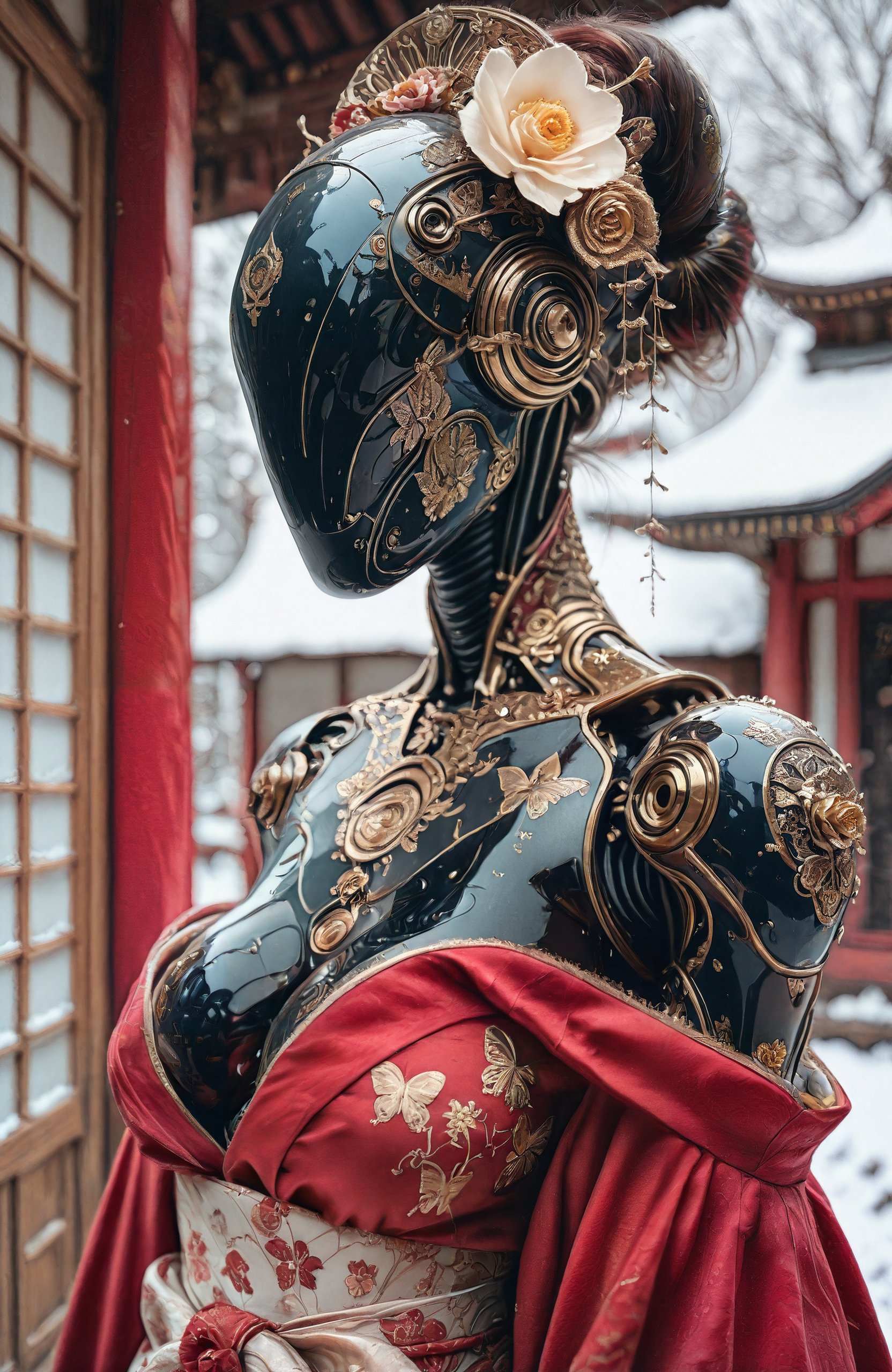 masterpiece, best quality, amazing quality, realistic,
close-up, dutch angle, 
white, smooth,
dark hair bun, gold (hair flower:1.1),
(mechanical body:1.3), medium breasts, cleavage, 
(red kimono:1.3), east asian architecture, ornate, butterfly pattern,
geisha, winter, depth of field, (sunlight:1.1), volumetric lighting, dramatic shadows
<lora:Faceless_mask_ILL:0.6>
<lora:Reelmech_pony_ed_v1_3:0.85>
