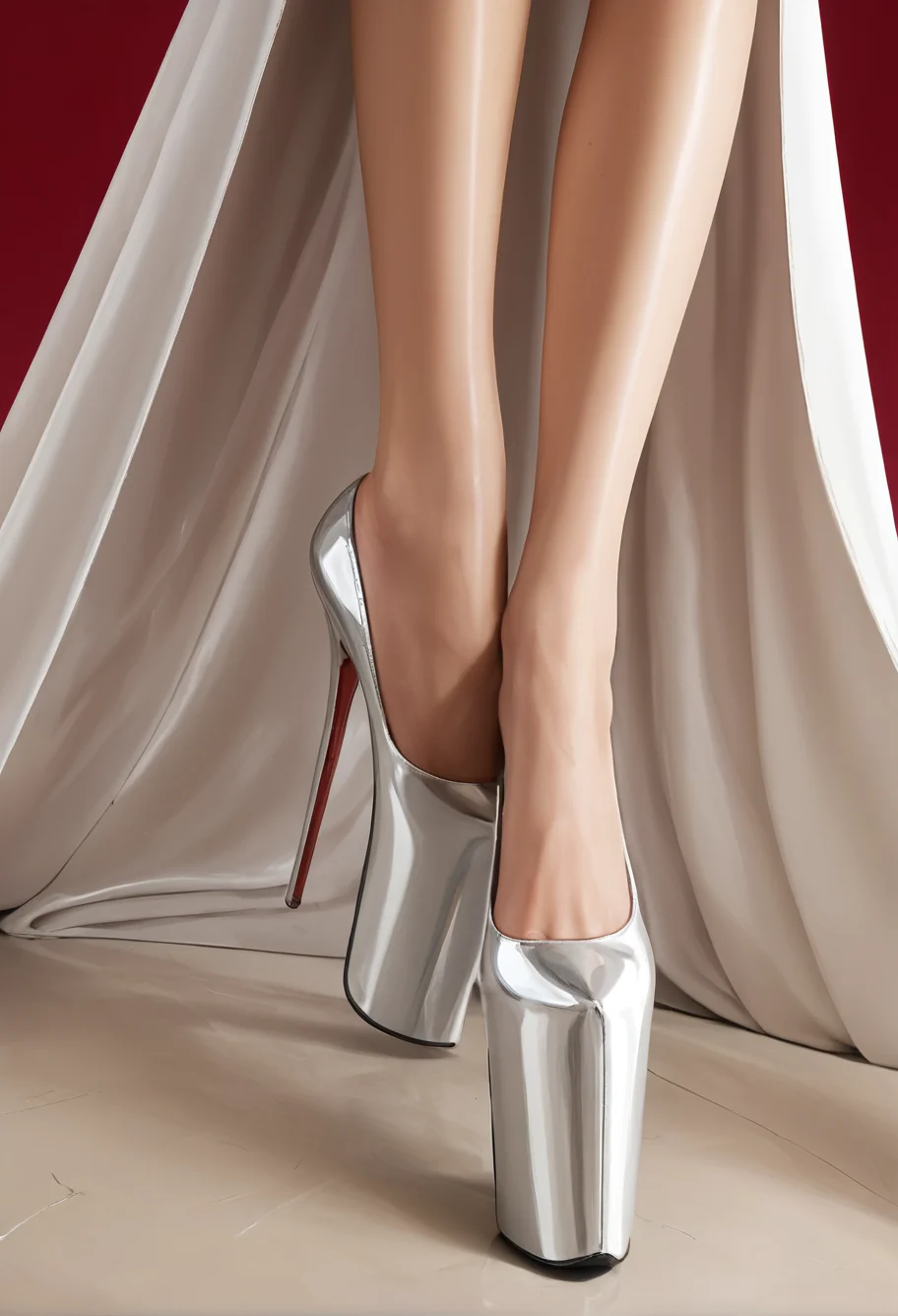 1girl,red background,Feet close-up,,ruanyi1375,standing,shiny skin,<lora:1375 Super platform high heels_v1_pony:1>, score_9,score_8_up,score_7_up,,8k,solo,,