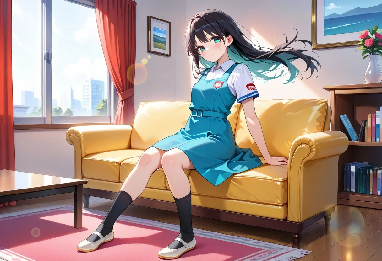 masterpiece, best quality,amazing quality,(1girl), solo,(depth of field),(solo focus),8K,HDR,(ultra high res),(highres),(full body),(lens flare),smile,blush,(black hair),(long hair),(aqua eyes),(floating hair), sidelocks,(malaysian secondary school uniform),(pinafore dress),(aqua blue skirt),(blue pinafore),(collared shirt),(white shirt),(short sleeves),(black socks),(short socks),(white footwear),(ballet flat),(indoors),(curtain),(room),(carpet),(couch),(vase),(window),(shelf),(table),(sitting on couch),(looking at viewer),