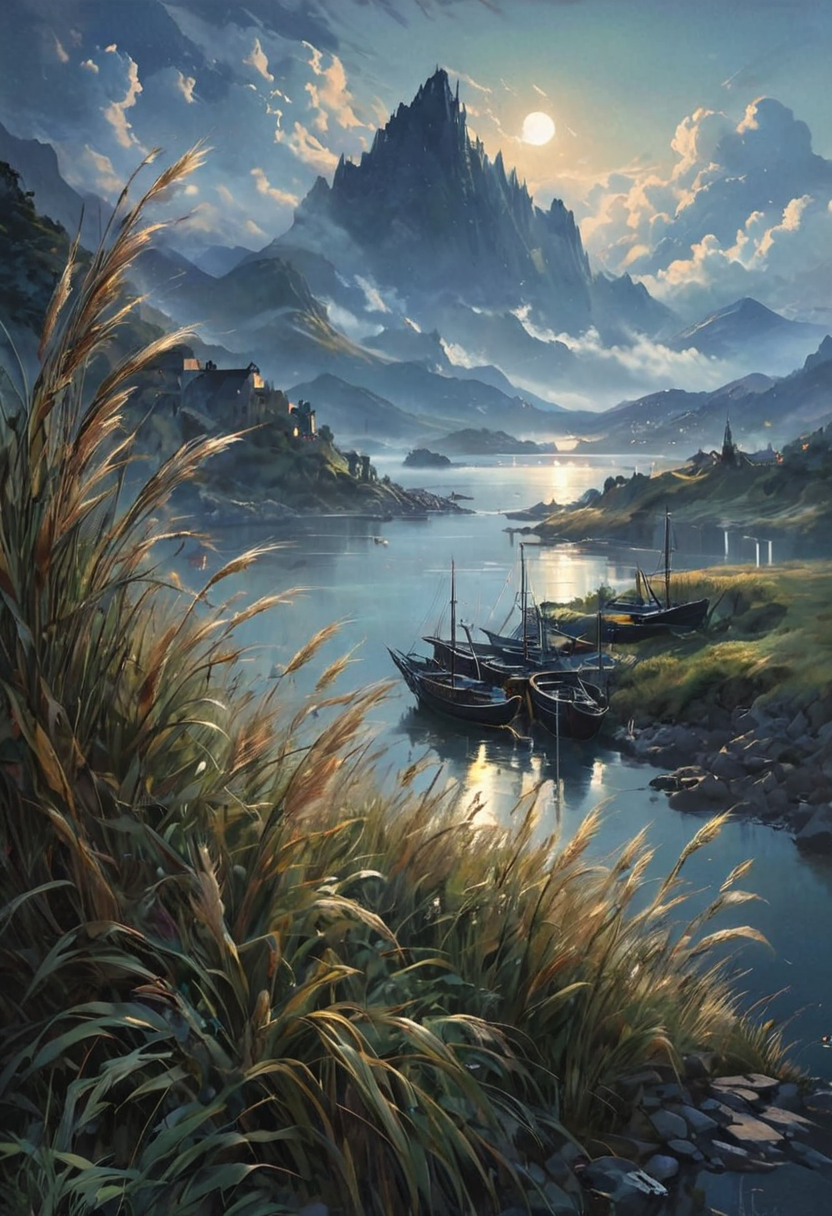 close view on gorgeous port city, night, slight fog, moonlight,( tall grass), (strong wind), (mountaintops), (clouds), atmospheric, (re glow), [romantic impressionism, dream scenery art, beautiful oil matte painting, romantic, beautiful digital painting, anime landscape, romantic painting, dreamlike digital painting, colorful painting, beautiful gorgeous digital art, style of greg rutkowski, janek sedlar,jenny saville:1,2] <lora:vivid_everclear:0.6>  <lora:Sinozick:0.65>