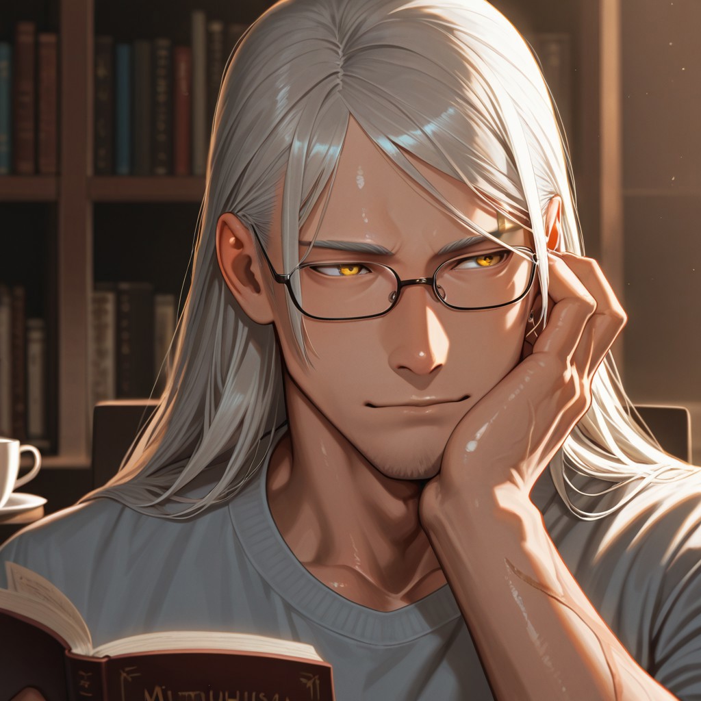 masterpiece, best quality, amazing quality, absurdres, newest, detailed background, definition so sharp, Ultra-HD, 8K cinematic, very awa, impressionate, amazing quality, highres, 
solo, male focus, manly, shadow, shiny skin, mature male, extream close-up, soft coloring,
mitsuhisahachiya, mitsuhisa_grey hair, mitsuhisa_yellow eyes, 1boy, long hair, scar across eyebrow, intelligent, witty_smile, charming, glasses, books, university, professor, smart_casual_attire, approachable, kind_eyes, thoughtful_expression, cup_of_tea, warm_lighting, gentle_laughter