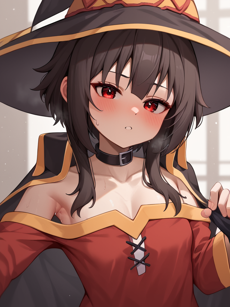 score_9,score_8_up,score_7_up,  <lora:megumin:1>,collarbone, highres, shiny_skin, dot_nose, undressing, off_shoulder, long_sleeves, black_cape, blush, commentary, hot, short_hair_with_long_locks, solo, black_choker, upper_body, bare_shoulders, light_rays, armpit_crease, looking_at_viewer, small_breasts, absurdres, eyelashes, 1girl, cleavage, red_dress, megumin, sweat