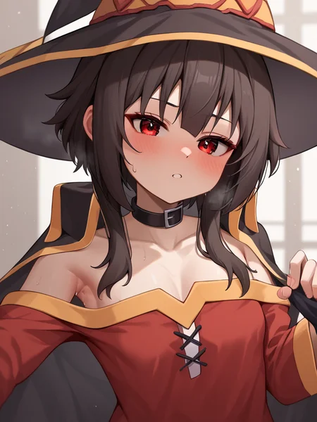 score_9,score_8_up,score_7_up, <lora:megumin:1>,collarbone, highres, shiny_skin, dot_nose, undressing, off_shoulder, long_sleeves, black_cape, blush, commentary, hot, short_hair_with_long_locks, solo, black_choker, upper_body, bare_shoulders, light_rays, armpit_crease, looking_at_viewer, small_breasts, absurdres, eyelashes, 1girl, cleavage, red_dress, megumin, sweat