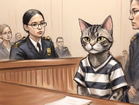 <lora:PE_CourtRoomSketchV2:0.8> PECourtRoomSketch, courtroom,
a cute cat in prisonor clothes,
