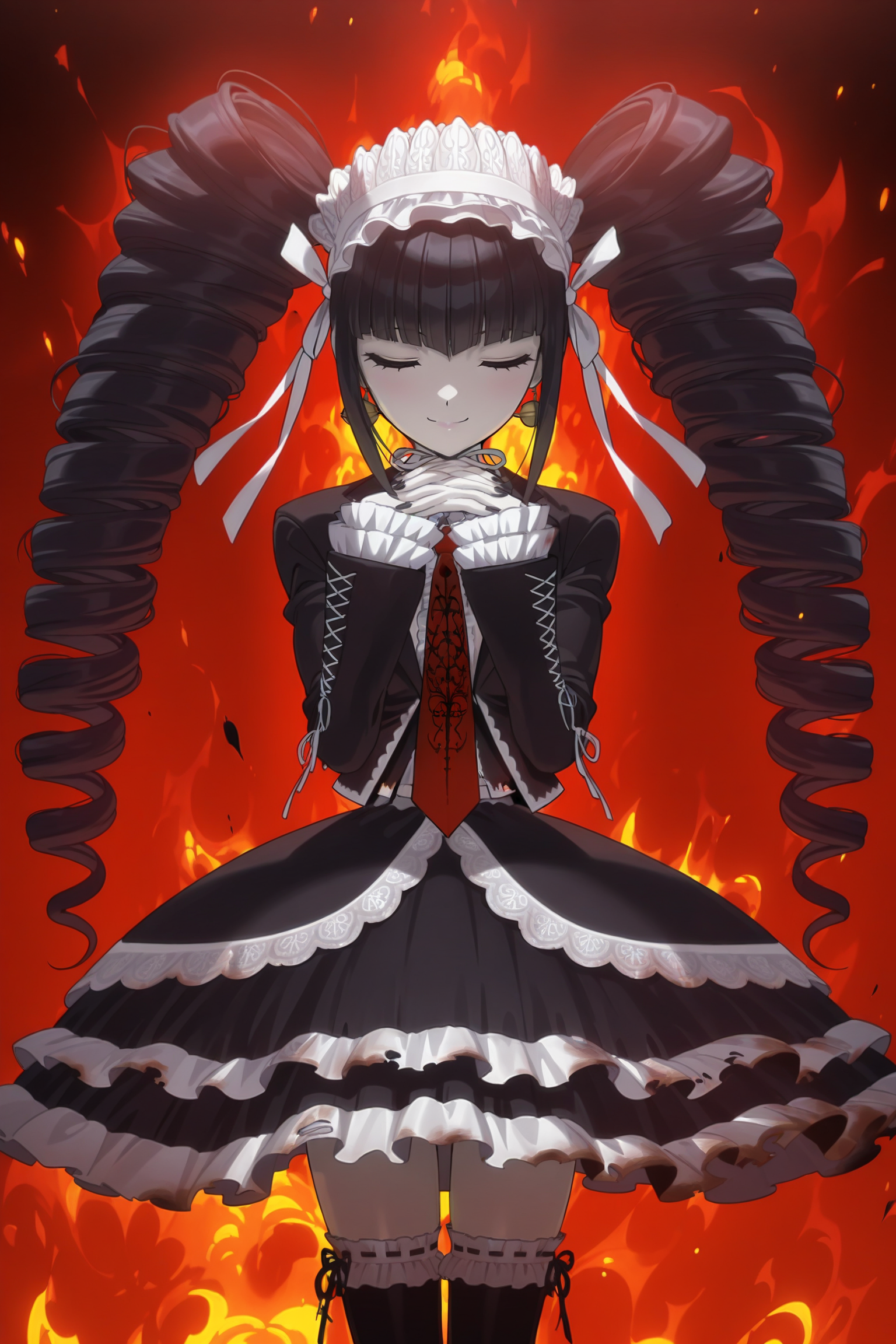 anime screencap, masterpiece, best quality, amazing quality, very aesthetic, absurdres,  newest, (scenery, volumetric lighting),
celestia ludenberg, 1girl, solo, long hair, smile, black hair, twintails, print necktie, drill hair, own hands together, fire, twin drills, card, gothic fashion, burning, own hands clasped, bonnet, hands under chin, black jacket, closed eyes, cowboy shot, pale skin, frilled thighhighs, frilled sleeves, collared shirt, red necktie, open jacket, burnt clothes, red hue, submerged in flames,
<lora:Celestia_IL:0.8>