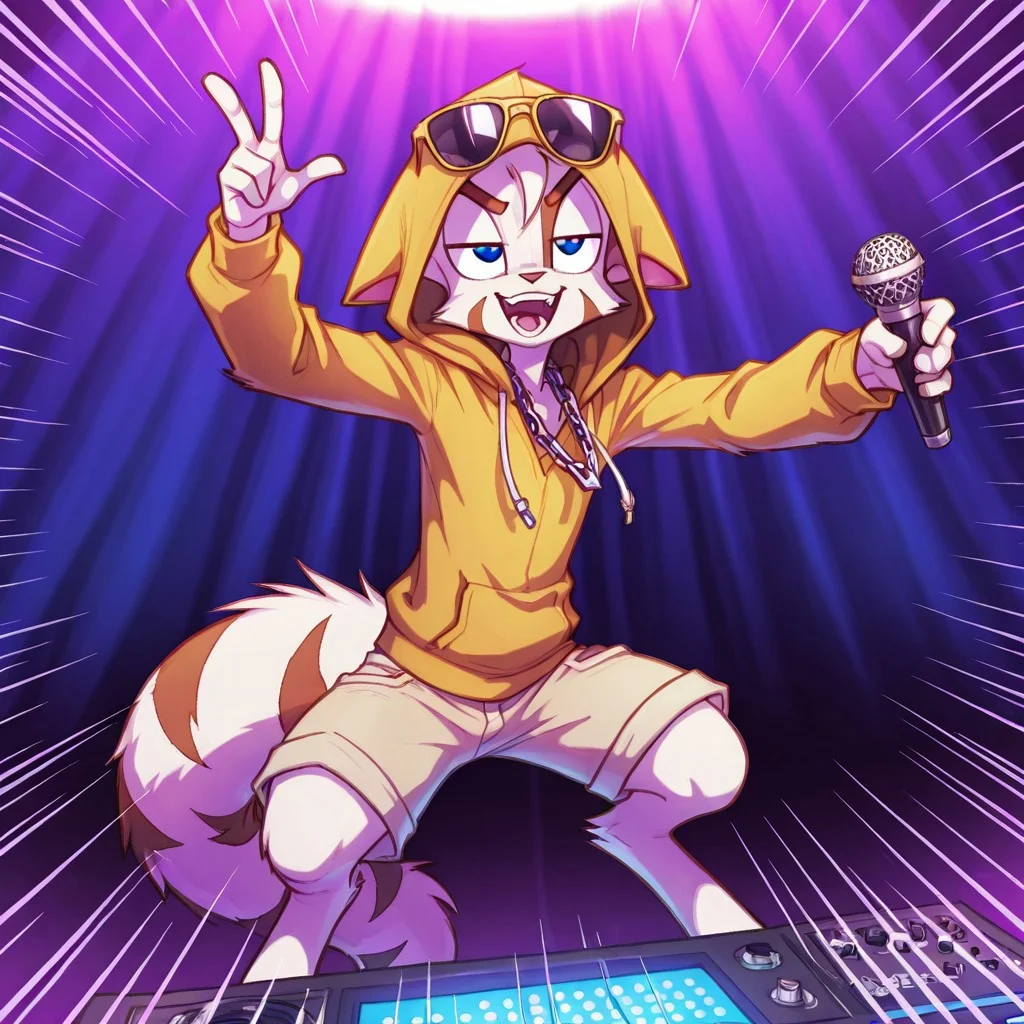 Mace, Dreamkeepers, 1boy, solo, anthropomorphic, feline-like, spiky hair, tail,solo, blue eyes, Digitigrade,
jacket, shorts,\m/, (((rapping))), rapping, rapper, rap, :d, holding microphone, bored, rap, rapping , upper body , closeup on face, half closed eyes, chain necklace, emphasis lines, v-shaped eyebrows, performing,, dj, hood on head, loose hoodie, sunglasses, golden chains,