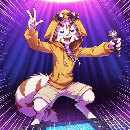 Mace, Dreamkeepers, 1boy, solo, anthropomorphic, feline-like, spiky hair, tail,solo, blue eyes, Digitigrade,
jacket, shorts,\m/, (((rapping))), rapping, rapper, rap, :d, holding microphone, bored, rap, rapping , upper body , closeup on face, half closed eyes, chain necklace, emphasis lines, v-shaped eyebrows, performing,, dj, hood on head, loose hoodie, sunglasses, golden chains,