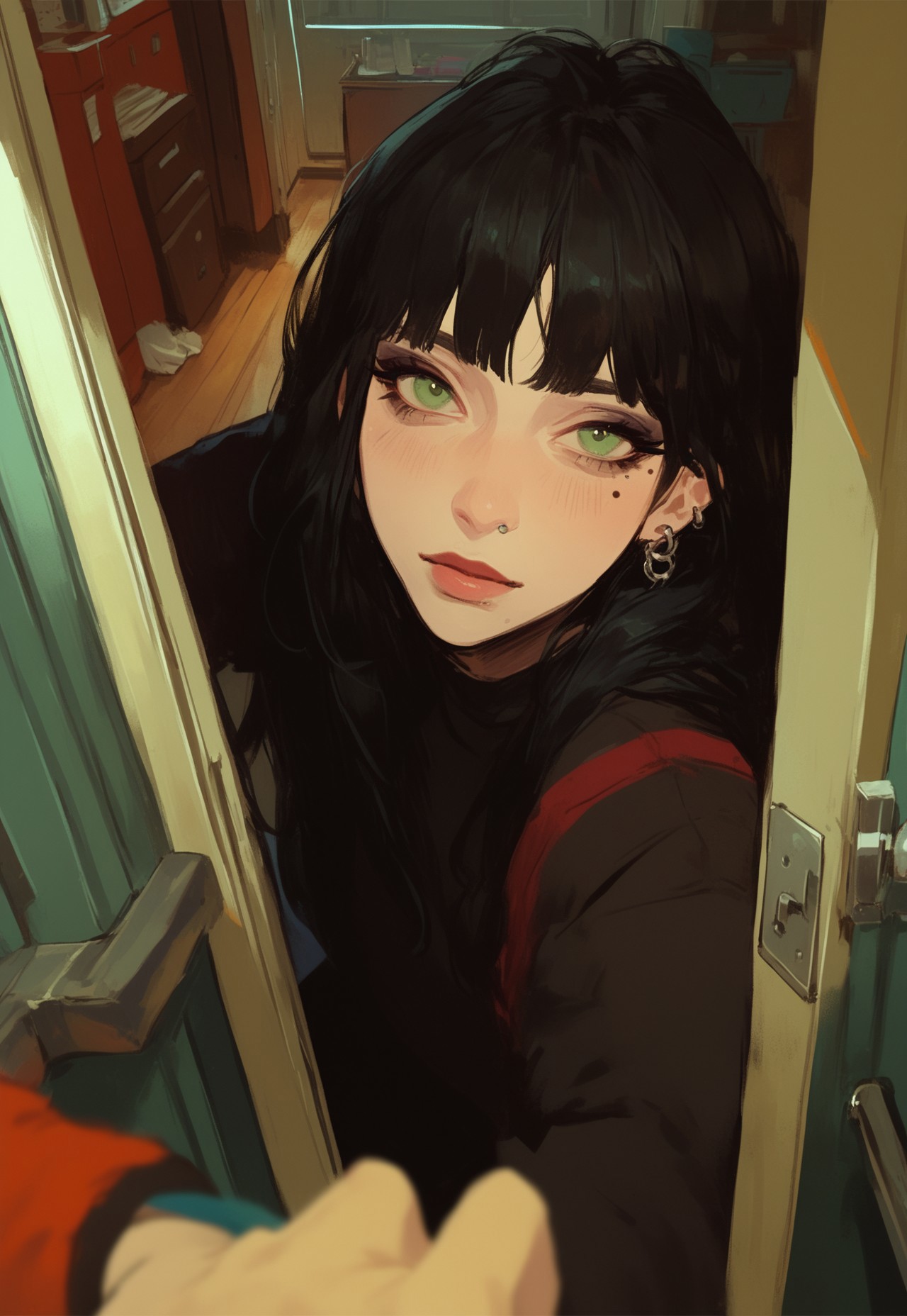 Score_9, score_8_up, score_7_up, score_6_up, score_5_up, score_4_up, a woman with an intense look on her face peeking out of a door, 1girl, solo, long hair, mole, looking at viewer, black hair, jewelry, bangs, green eyes, sharpness, low light, darkness, earrings, semi-realism, depth of field, bold lines, detailed face, emo style, pov hand on the knob, pov on home door 