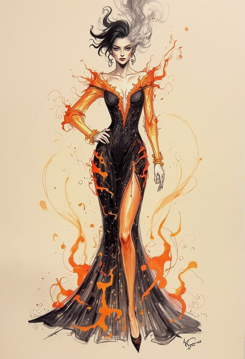 CreeepyCuteMagic, FashionDaal,  Fashion Sketch of a  A conceptual fashion sketch of a gown made of fire and smoke, drawn in an abstract, scratchy fashion-illustration style. The model is elongated and elegant, with fierce energy in her posture. The dress appears to be dissipating at the edges, with swirling, jagged lines hinting at flames licking at her form. The lines are raw yet sophisticated, capturing a surreal mix of power and elegance.