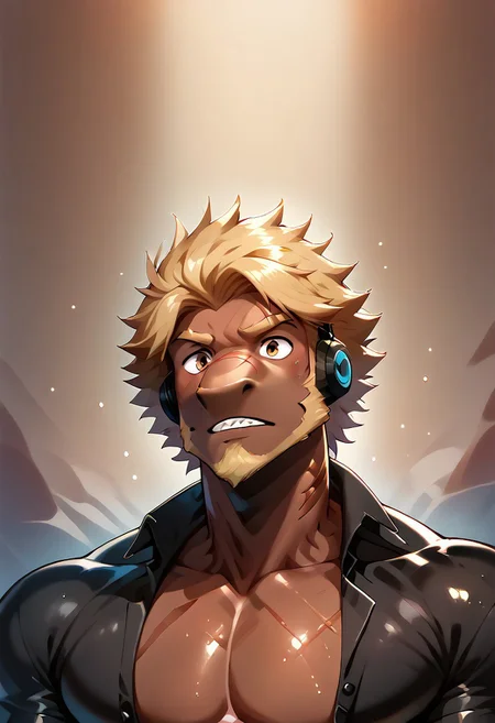 source_cartoon, source_anime, cartoon, score_9, score_8_up, score_7_up, score_6_up, score_5_up, score_4_up, rating_questionable, male focus, 1boy, solo male, (Killer T Cell, dark skin, blue skin, blond hair, blonde hair, amber eyes, facial hair, beard, scar on face), (anthro male shark:1.2), shark_male, detailed scales, ((half body)), ((portrait)), ((upper body)), (no nipples), (black Killer T Cell uniform \(Cells at Work\), black collared shirt, pecs, partically open shirt, black cap, Killer T Cell cap \(Cells at Work\), earpiece, fingerless gloves), bodybuilding, (hypermasculine), (tall), (hypermuscle), muscular, bara, (massive pectoral), (black collared shirt), looking at viewer, at the hospital, hospital background, <lora:GonTang_Style:1>,  <lora:Detail_Tweaker:1.5>