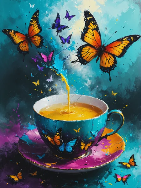 Wizard's tea turns thoughts into butterflies, ultra-fine digital painting, <lora:xl_more_art-full_v1:0.3>, <lora:Desolation:0.6> <lora:gorgoeus_splash_of_vibrant_paint:0.7> Gorgeous splash of vibrant paint