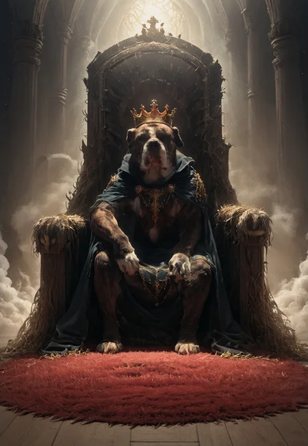 sitting on a Throne, paw on armrest, golden crown on head, cape, carpet laid before him, realistic, graceful, calm, intense gaze, well lit face, portrait lighting
