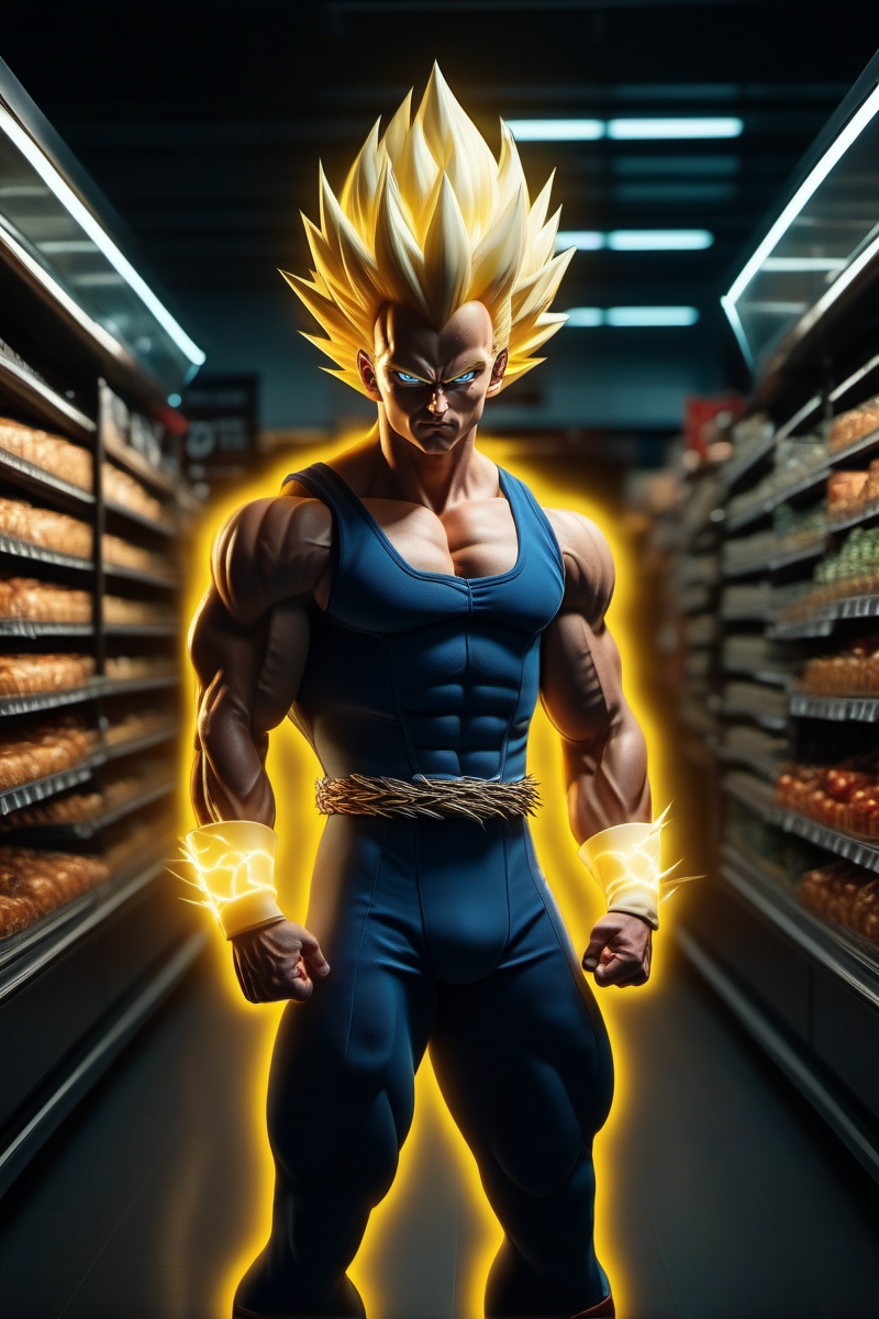 cinematic photo a full body portrait of a muscular man, blond spiked hair, super saiyan, glowing, electricity , solo, shops in a grocery store <lora:Vegeta1024:0.8> . 35mm photograph, film, bokeh, professional, 4k, highly detailed