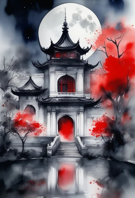 beautiful watercolor painting. Palace level design sense and delight the eye. The design color is black, white, gray and red.
perfection style, vivid colors, colorful, vivid background, midjourneyv6.1, moon, night