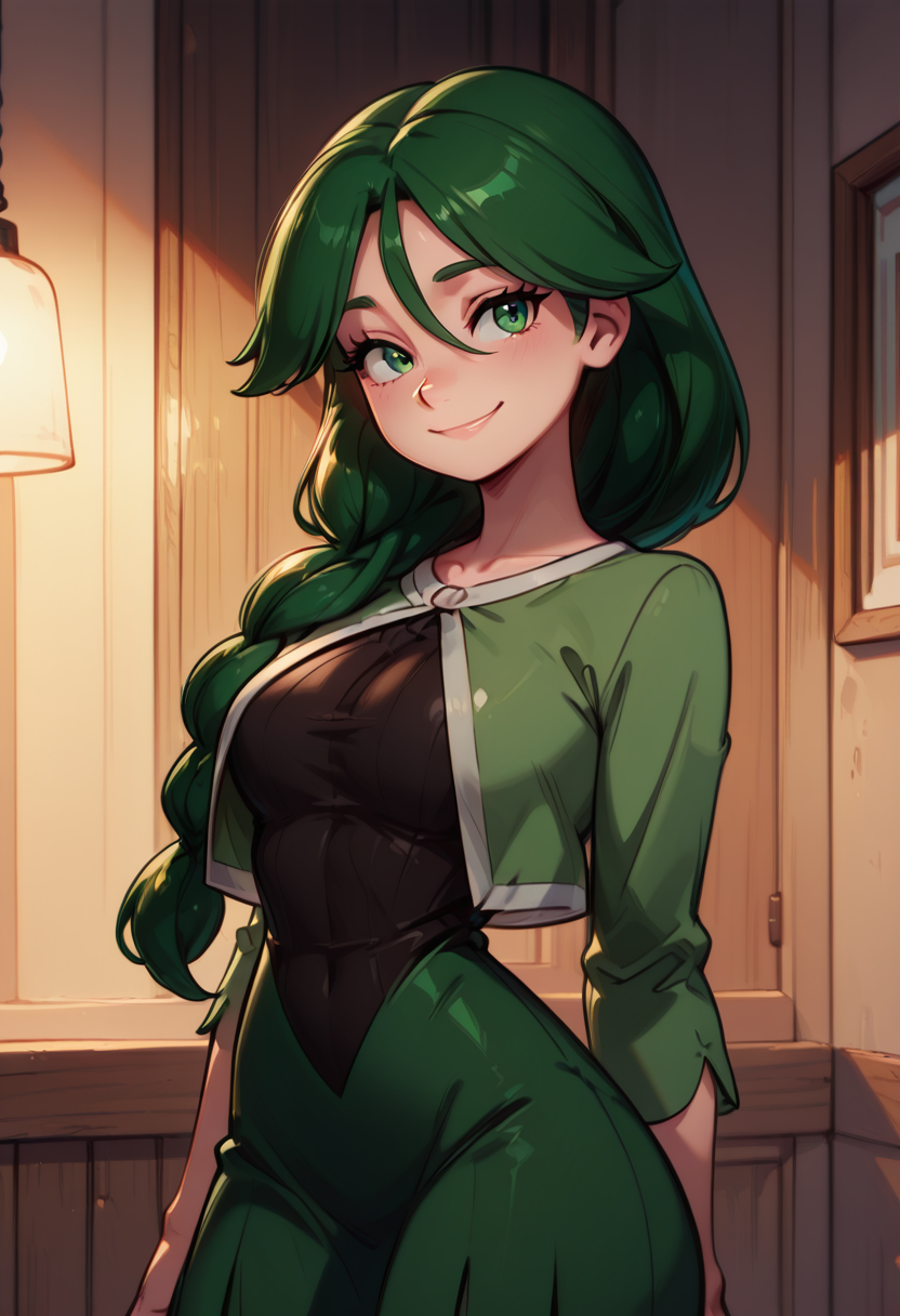 (masterpiece, best quality, good quality, very aesthetic, absurdres, newest:1.2),  zzCheryl, green eyes, single braid, hair over shoulder, green jacket, long dress,  ,<lora:CherylPokemon_IXL_v2:1.0>,, smile, looking at viewer, cowboy shot,  ,<lora:GoldenCATLoraNAI:1.0>,