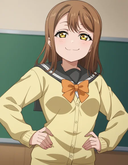 score_9, score_8_up, score_7_up, source_anime, <lora:hanamaru-kunikida-s2-ponyxl-lora-nochekaiser:1>, hanamaru kunikida, long hair, bangs, brown hair, yellow eyes,, long sleeves, bow, school uniform, serafuku, bowtie, cardigan, uranohoshi school uniform, yellow cardigan,, indoors, smug, smile, looking at viewer, solo, hands on hips,, cowboy shot, dutch angle