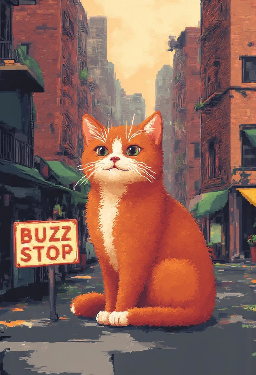 Pixelart of an orange kitty next to a sign saying "Buzz Stop"