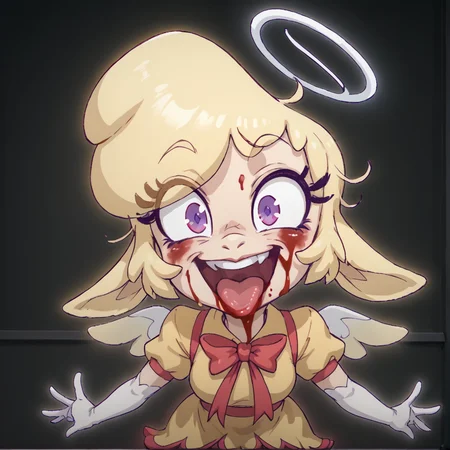 Female, Keenie, Halo, wings, shortstack, face focus, blood splatter, crazy, happy, insane, <lora:Realistic000003_1_2.5DAnime_0.05_Merge1:1>, <lora:Keenie:1> <lora:1dkXLP:0.3>