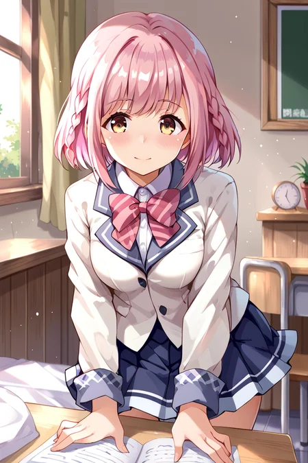 score_9,score_8_up,score_7_up BREAK source_anime,break,
<lora:Hoshizaki_Akari:1>,hoshizaki_akari,pink hair,braid,short hair,cowboy shot,school uniform,
leaning forward,