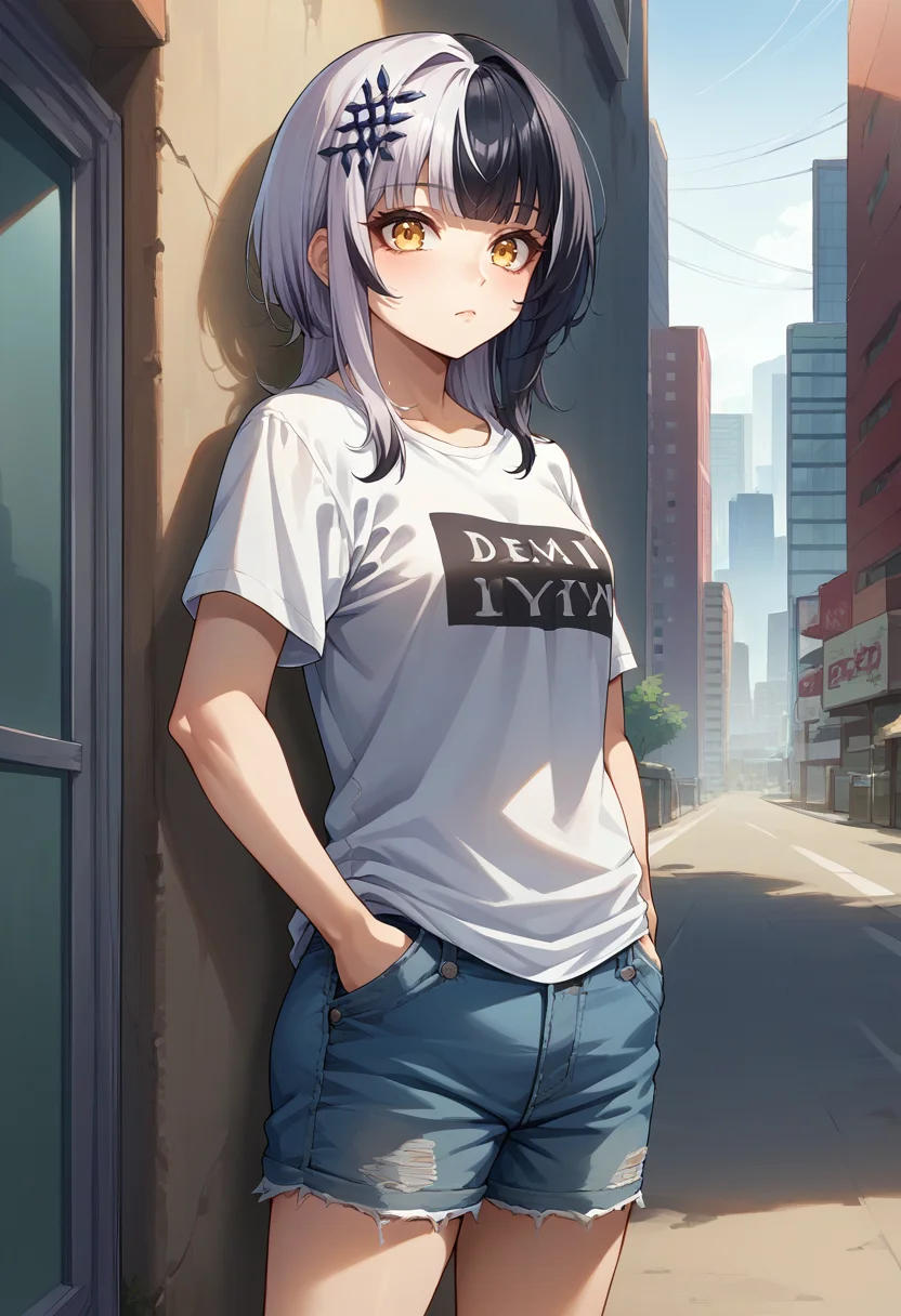 score_9, score_8_up, source_anime, 1girl, solo, ShioriNovella, split-color hair, white hair, black hair, yellow eyes, hair ornament, t-shirt, denim shorts, standing, outdoors, city, hands in pockets, <lora:ChamShioriNovellaPonyXLCame-000008:1>