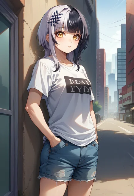 score_9, score_8_up, source_anime, 1girl, solo, ShioriNovella, split-color hair, white hair, black hair, yellow eyes, hair ornament, t-shirt, denim shorts, standing, outdoors, city, hands in pockets, <lora:ChamShioriNovellaPonyXLCame-000008:1>