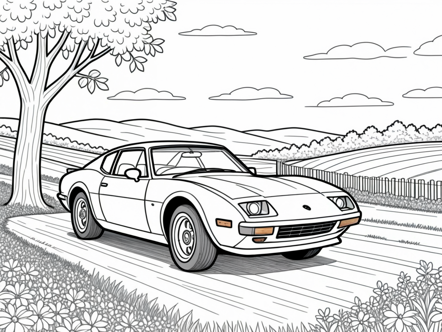 A simple monochrome line drawing for a coloring book.

A sports car in the countryside.

<lora:LineDrawing03_CE_XL_300-OT:0.6> lndrwngCE_style