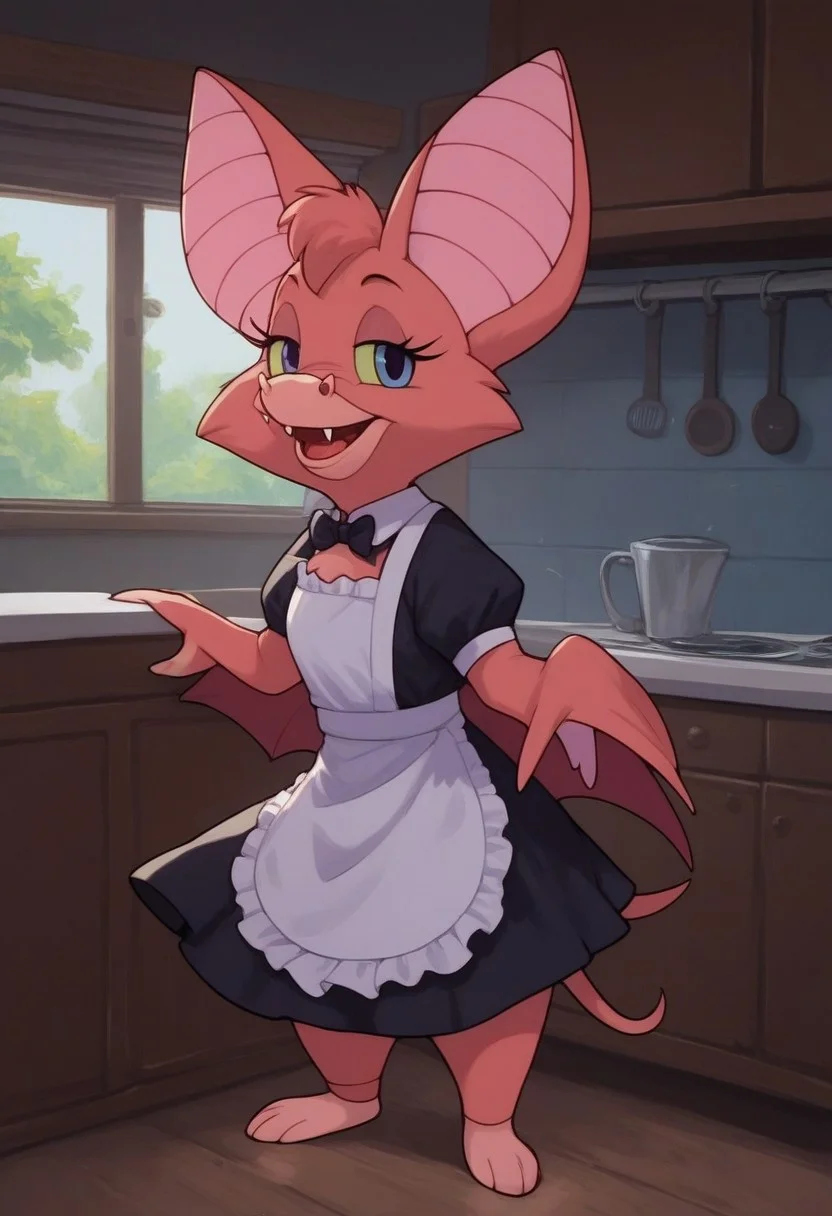 score_9, score_8_up, score_7_up, score_6_up, score_5_up, score_4_up, detaied background, indoors, appartments.
Bat girl, anthro bat, bat ears, bat nose, bat tail, one tail, feral bat feet, feral bat legs, Fixglove, wearing black Maid outfit, solo, standing, smile face, looking at viewer, (rich house kitchen:1,4), indoors