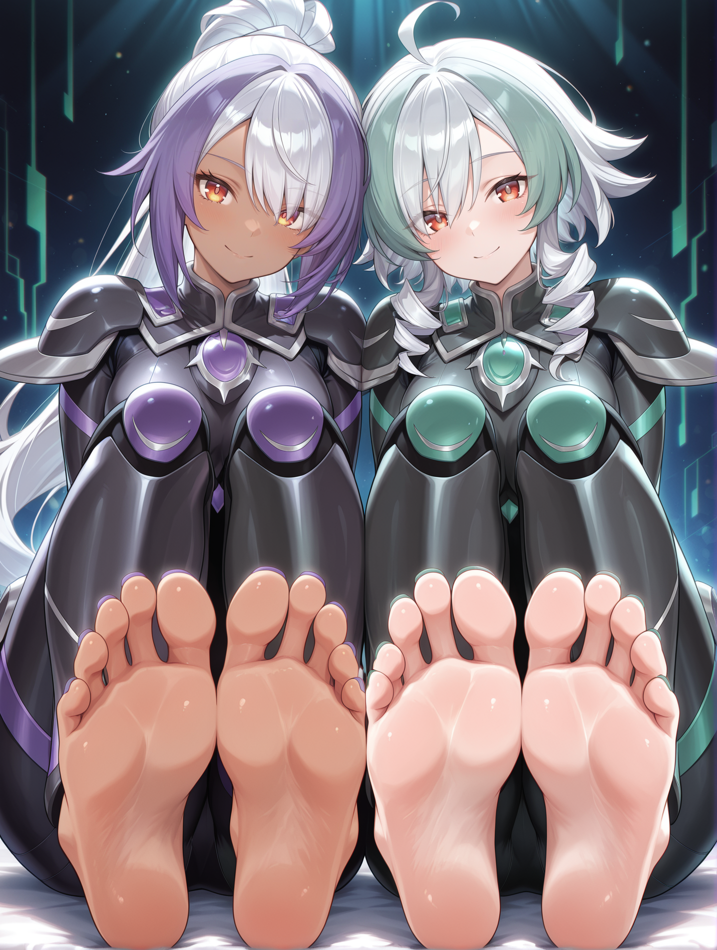 2girls,foot focus,barefoot,toenails,soles,side-by-side,foreshortening,arms behind back,looking at viewer,smile,closed mouth,sky striker ace - camellia,black battle costume,green neon trim,green nails,sky striker ace - azalea,purple neon trim,black battle bodysuit,dark-skinned female,purple nails,
masterpiece,best quality,amazing quality,very aesthetic,absurdres,newest,<lora:sky striker ace - camellia and azalea illusXL v2:0.75>,