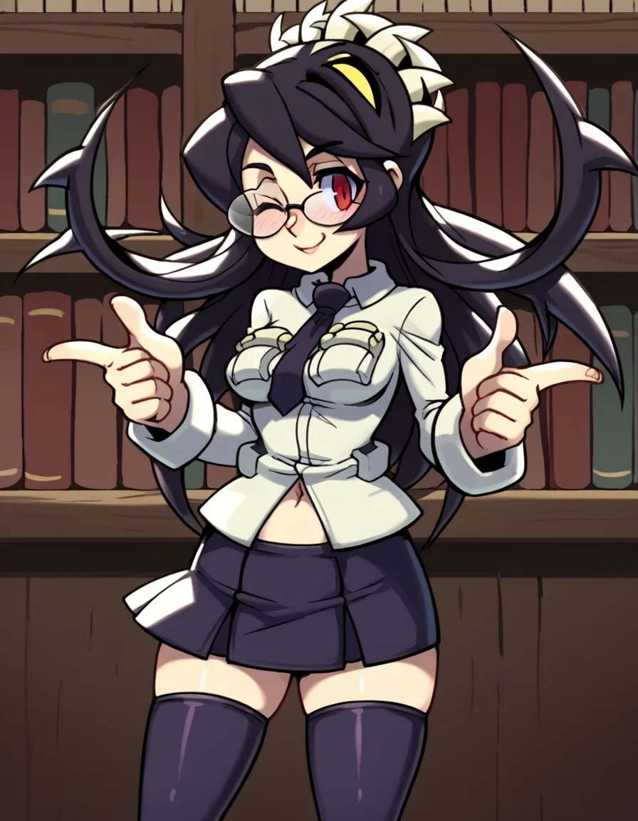 score_9, score_8_up, score_7_up, source_anime, <lora:skullgirls-filia-ingame-ponyxl-lora-nochekaiser:1>, filia, long hair, black hair, red eyes, prehensile hair, extra mouth, skirt, thighhighs, navel, school uniform, necktie, black thighhighs, miniskirt, zettai ryouiki,, library, reading books, glasses, quiet, focused, shelves of books, smile, <lora:double-finger-gun-ponyxl-lora-nochekaiser:1>, double finger gun,, blush, smile, one eye closed, from side, looking at viewer, solo,, dutch angle, cowboy shot