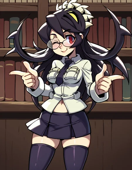 score_9, score_8_up, score_7_up, source_anime, <lora:skullgirls-filia-ingame-ponyxl-lora-nochekaiser:1>, filia, long hair, black hair, red eyes, prehensile hair, extra mouth, skirt, thighhighs, navel, school uniform, necktie, black thighhighs, miniskirt, zettai ryouiki,, library, reading books, glasses, quiet, focused, shelves of books, smile, <lora:double-finger-gun-ponyxl-lora-nochekaiser:1>, double finger gun,, blush, smile, one eye closed, from side, looking at viewer, solo,, dutch angle, cowboy shot