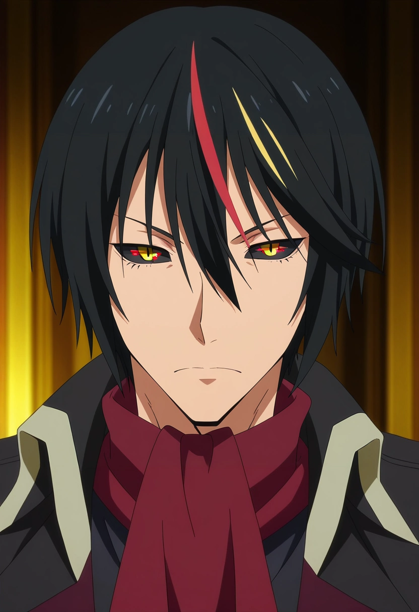 masterpiece, best quality, , anime screencap, anime coloring, , looking at viewer, 1boy, solo, male focus, <lora:diablo_tensura_ilxl:0.9>, diablo_tensura, black hair, yellow eyes, multicolored hair, streaked hair, red hair, hair between eyes, colored sclera, black sclera, , ,
