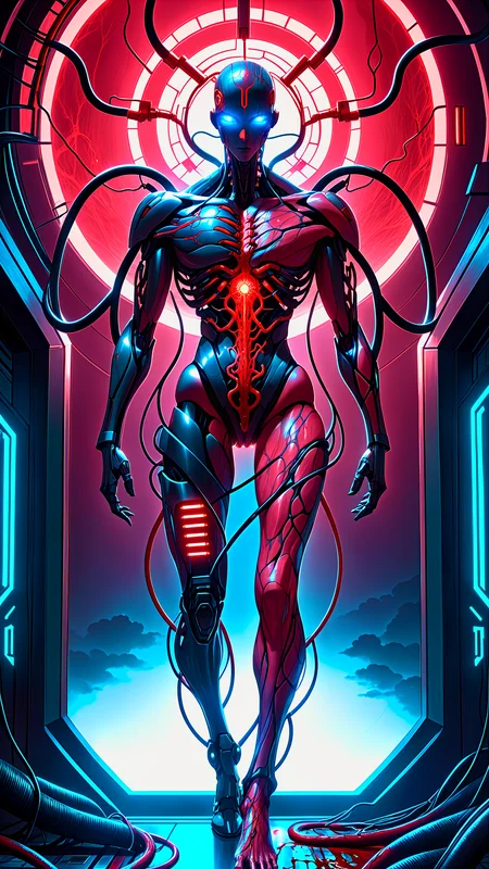 biomechanical cyberpunk a cybermutant fleshmutant, pulsating flesh and biomechanical limbs, fusion of flesh and machine, detailed fleshy skin, black bloody veins growing and intertwining machine and flesh, out of the darkness, veins growing and pumping blood, vascular networks, style of Apterus and zdzislaw beksinski, vibrant colors, Infrared, sparks, lens flare, rim lighting, backlighting, japanese portal, nebula, cinematic, cybernetics, human-machine fusion, dystopian, organic meets artificial, dark, intricate, highly detailed