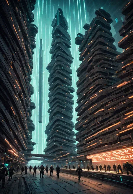 (Screen print:1.3) cinematic aerial view of a sprawling metro-plex city. focused on busy canal leading to the shattered stone circle in the middle of the city. dynamic camera, dark scifi, ((masterpiece,best quality)),  ((electricity)), green glow, amber theme:1.3 <lora:Shadowrun:0.70> cyberpunk,  neo-aztec <lora:great_lighting:4> great lighting, hard shadows <lora:add-detail-xl:0.40>,OverallDetail, futureurban, vertical, Stacked, great lighting, shadowrun_character, shadowrun_dungeon, shadowrun_surface, shadowrun_dungeon_party, shadowrun_party, cyberpunk, netrunner, enforcer, shaman, oni, courier, neo-aztec, high-tech lowlife, masculine, feminine