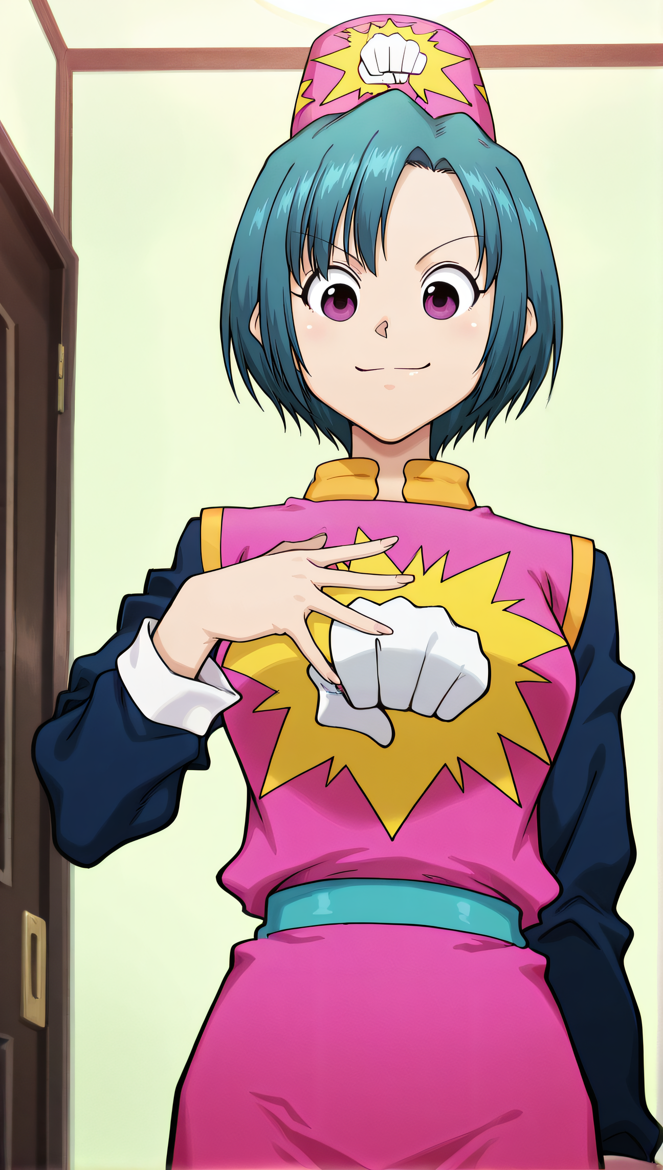 masterpiece, best quality, highres, newest, 1girl, solo, official style, anime screncap, <lora:Heavens_Arena_Employees:1>, hxhreceptionist, aqua hair, purple eyes, short hair, pink hat, pink uniform, raglan sleeves, looking at viewer, smile, indoor, cowboy shot, closed mouth, centered image, outstretched hand to the viewer, five fingers, hand on chest