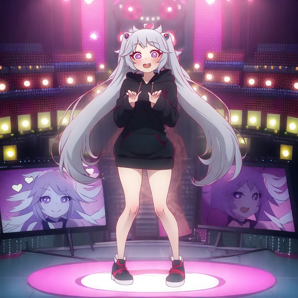 manyakis art style, a masterpiece cartoon of a girl posing, masterpiece, best quality, studio quality, full body, silver hair, heart pupils, hoodie,