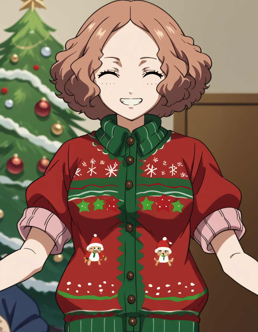 score_9, score_8_up, score_7_up, source_anime, <lora:haru-okumura-s1-ponyxl-lora-nochekaiser:1>, haru okumura, brown eyes, brown hair, short hair, medium breasts, anime screencap, <lora:christmas-sweater-ponyxl-lora-nochekaiser:1>, christmas sweater, christmas, ugly sweater, print sweater, red sweater, christmas tree, christmas ornaments, sweater, multicolored sweater, , v, smile, hands up, teeth, closed eyes, cowboy shot,, , dutch angle, cowboy shot