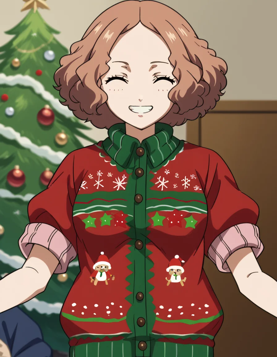 score_9, score_8_up, score_7_up, source_anime, <lora:haru-okumura-s1-ponyxl-lora-nochekaiser:1>, haru okumura, brown eyes, brown hair, short hair, medium breasts, anime screencap, <lora:christmas-sweater-ponyxl-lora-nochekaiser:1>, christmas sweater, christmas, ugly sweater, print sweater, red sweater, christmas tree, christmas ornaments, sweater, multicolored sweater, , v, smile, hands up, teeth, closed eyes, cowboy shot,, , dutch angle, cowboy shot